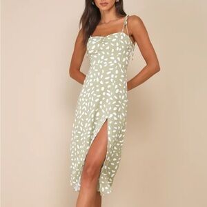 Lulus Party in Paris Sage Green Print Tie-Strap Midi Dress